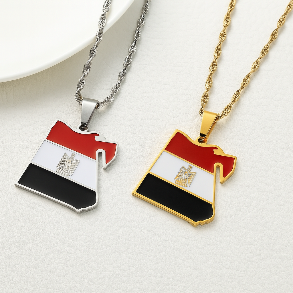 Ägypten Halskette mit Landkarten-Anhänger in Flaggenfarben mit Adler-Wappen, Edelstahl Silber und vergoldet
