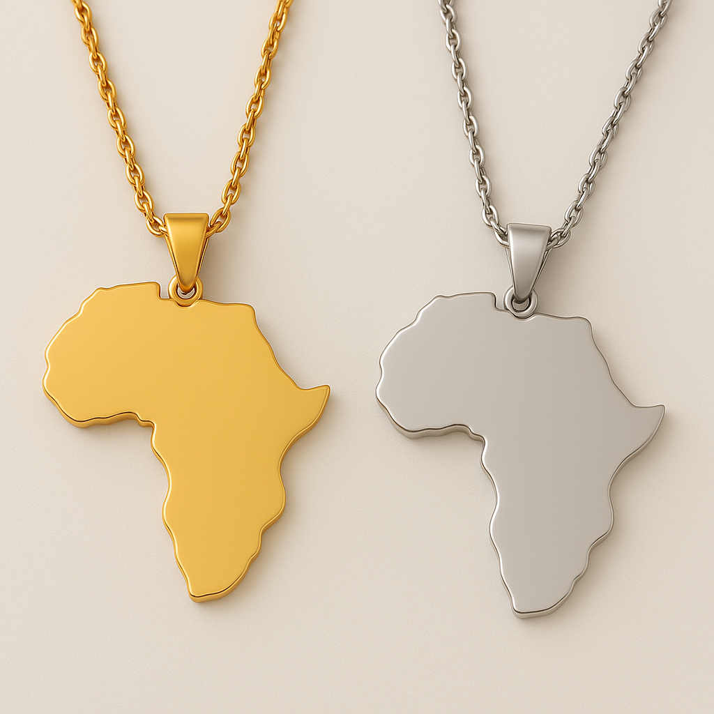 Afrika Halskette mit Landkarten-Anhänger aus Edelstahl, Silber und vergoldet