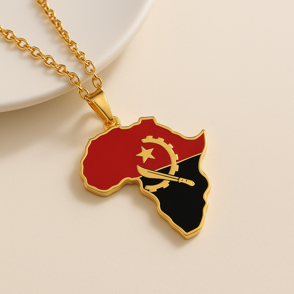 Goldene Afrika Halskette mit Angola Flagge aus Edelstahl