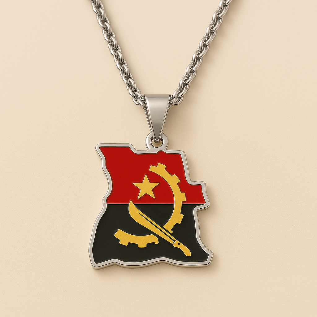 Silberne Angola Halskette mit Länderanhänger in Flaggenfarben