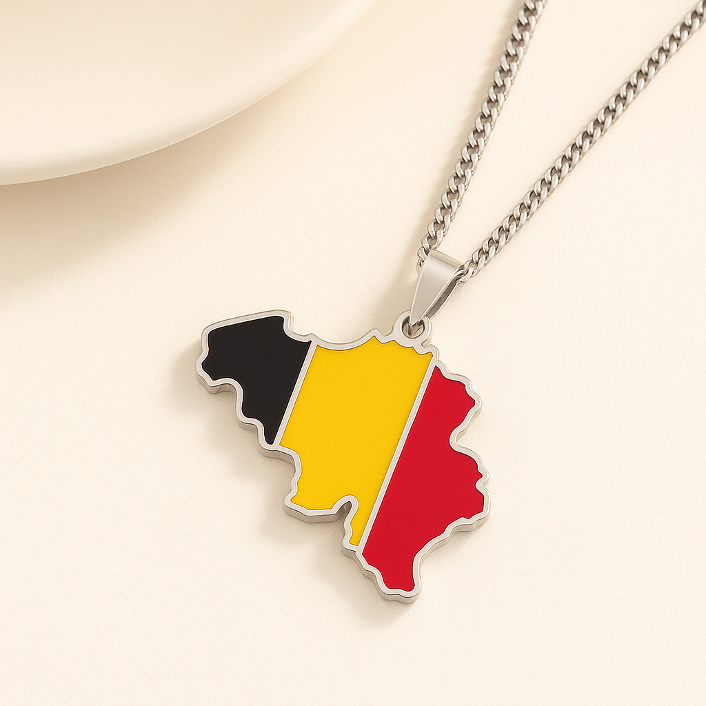 Silberne Belgien Flaggen Halskette – Belgien Karte Design