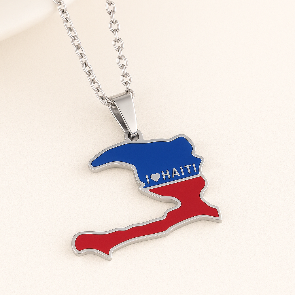 Silberne Haiti Flaggen Halskette – Edelstahl Schmuck mit Herzmotiv