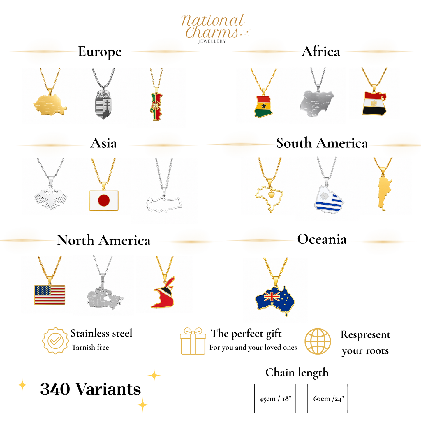 Länderkette Anhänger Halskette – Edelstahl, Gold- & Silber-Optik, 140+ Länder & Kulturen – Unisex Geschenk für Männer und Frauen – Perfekt für Geburtstage, Weihnachten und als Zeichen deiner Wurzeln
