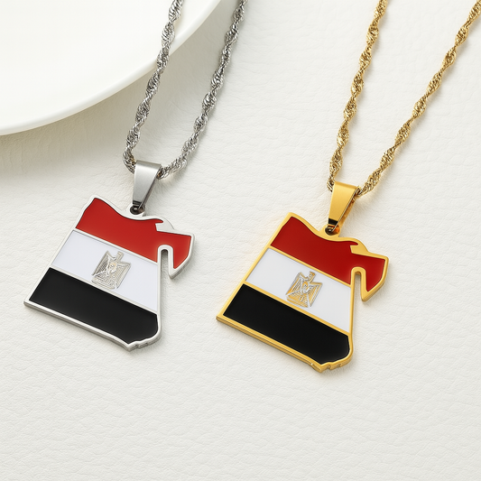 Ägypten Halskette mit Landkarten-Anhänger in Flaggenfarben mit Adler-Wappen, Edelstahl Silber und vergoldet