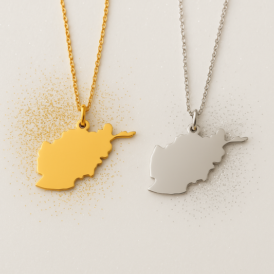 Afghanistan Halskette mit Landkarten-Anhänger aus Edelstahl, vergoldet und silber