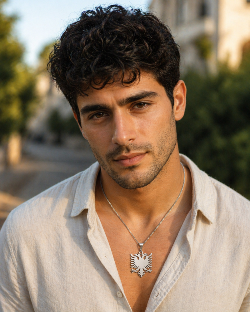 Mann trägt Albanien Adler Halskette Edelstahl Silber outdoor – NationalCharms