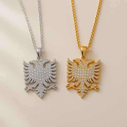 Albanien Halskette mit Doppeladler Anhänger aus Edelstahl, Gold und Silber mit Strasssteinen
