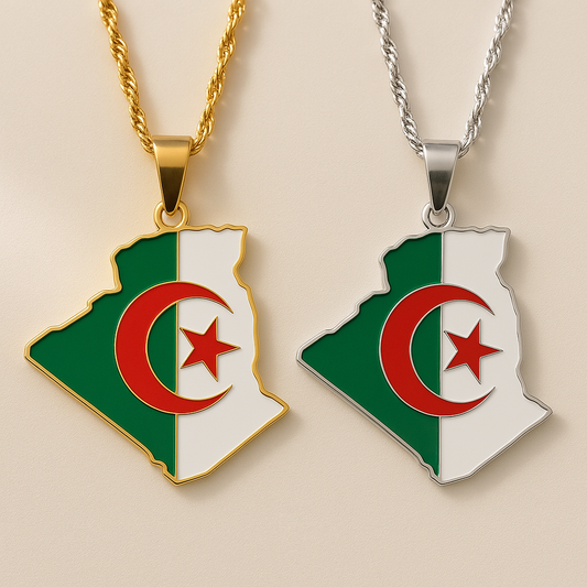 Algerien Halskette mit Länderanhänger in den Farben der Flagge, Gold und Silber