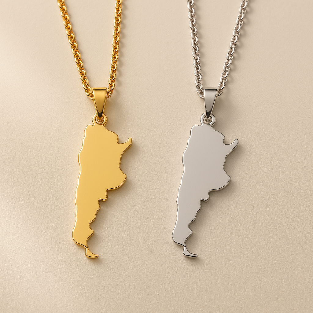 Zwei schlichte Argentinien-Karten-Halsketten aus Edelstahl – eine in Gold und eine in Silber – nebeneinander auf hellem Hintergrund