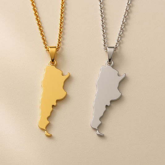 Zwei schlichte Argentinien-Karten-Halsketten aus Edelstahl – eine in Gold und eine in Silber – nebeneinander auf hellem Hintergrund