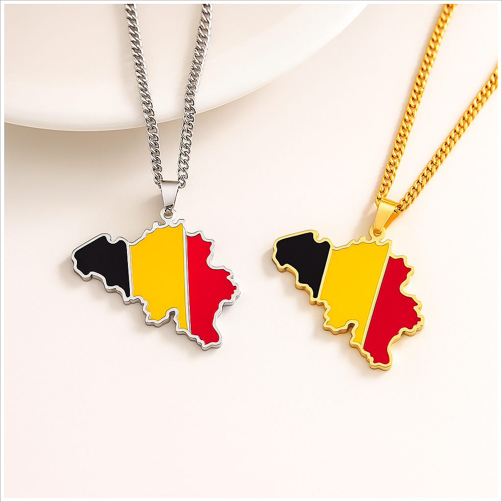Belgien Flaggen Halskette in Gold und Silber – Landesform mit Schwarz, Gelb und Rot