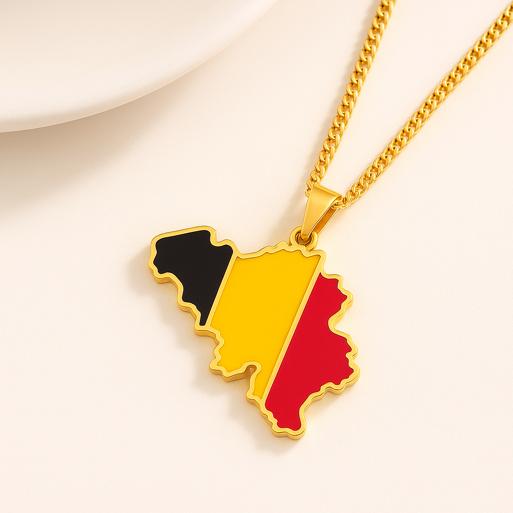 Goldene Belgien Halskette mit Landesflagge – Edelstahl Schmuck