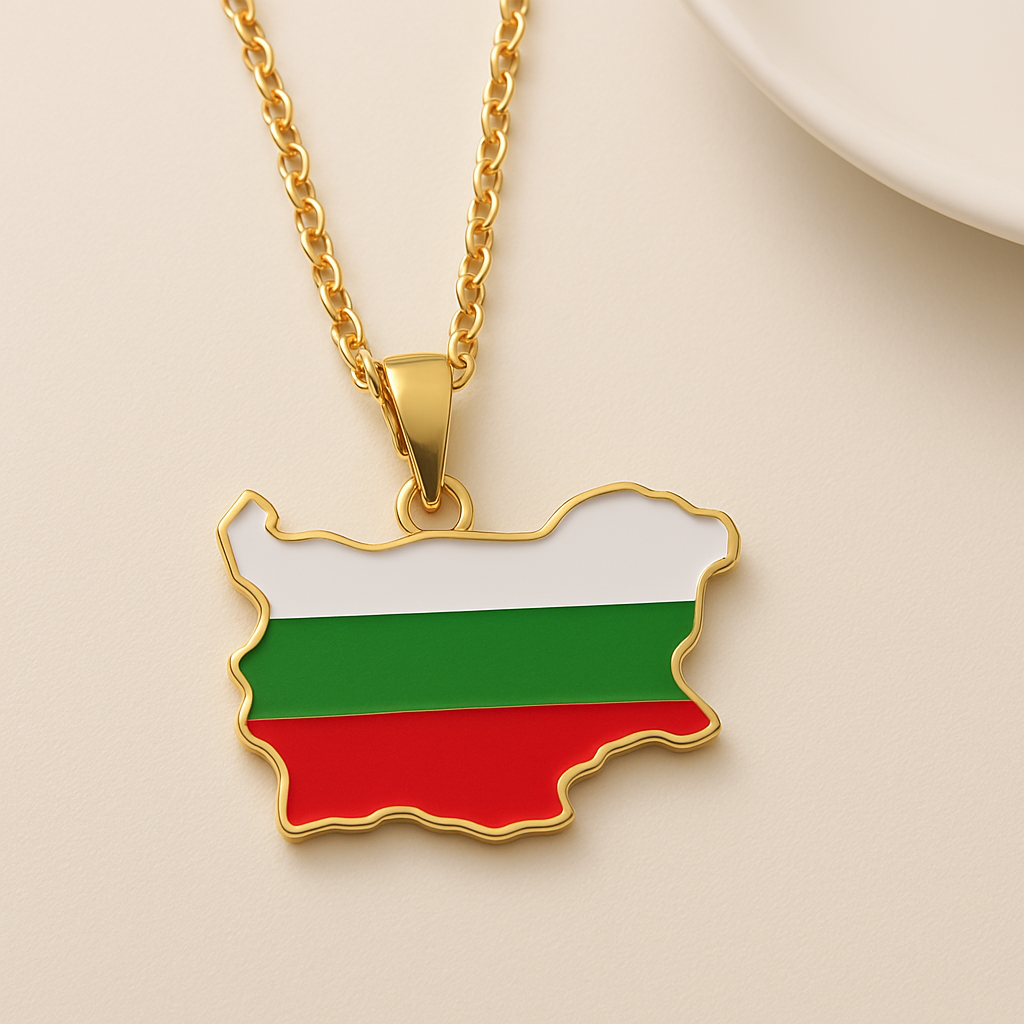 Goldene Halskette mit Bulgarien-Karten-Anhänger in den Landesfarben Weiß, Grün und Rot – Produktfoto auf hellem Hintergrund
