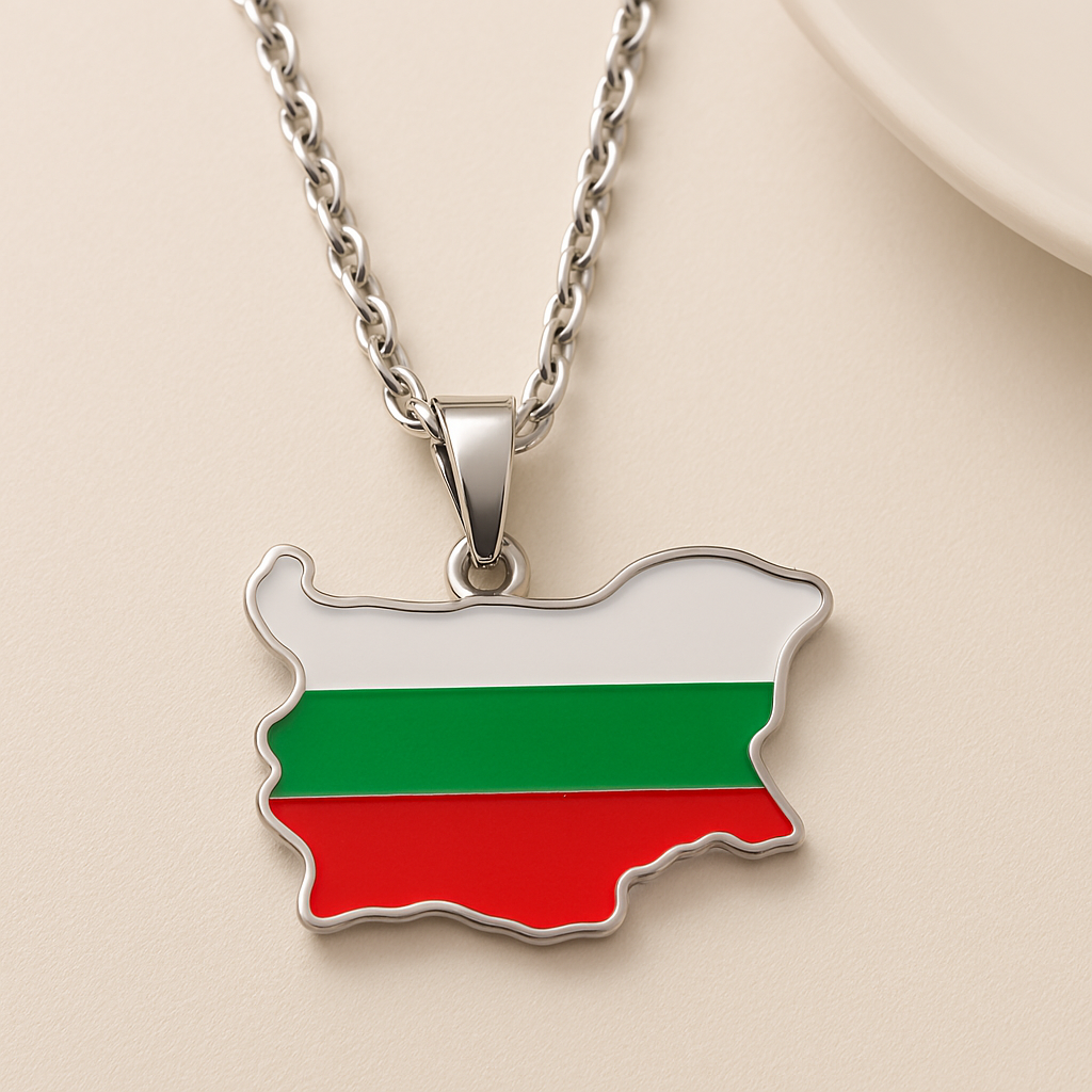 Silberne Halskette mit Bulgarien-Karten-Anhänger in den Landesfarben Weiß, Grün und Rot – Produktfoto auf hellem Hintergrund