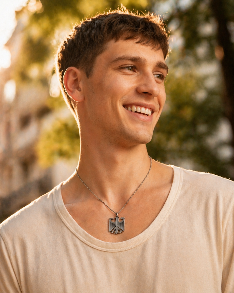 Mann trägt Deutschland Adler Halskette Edelstahl Silber outdoor golden hour – NationalCharms