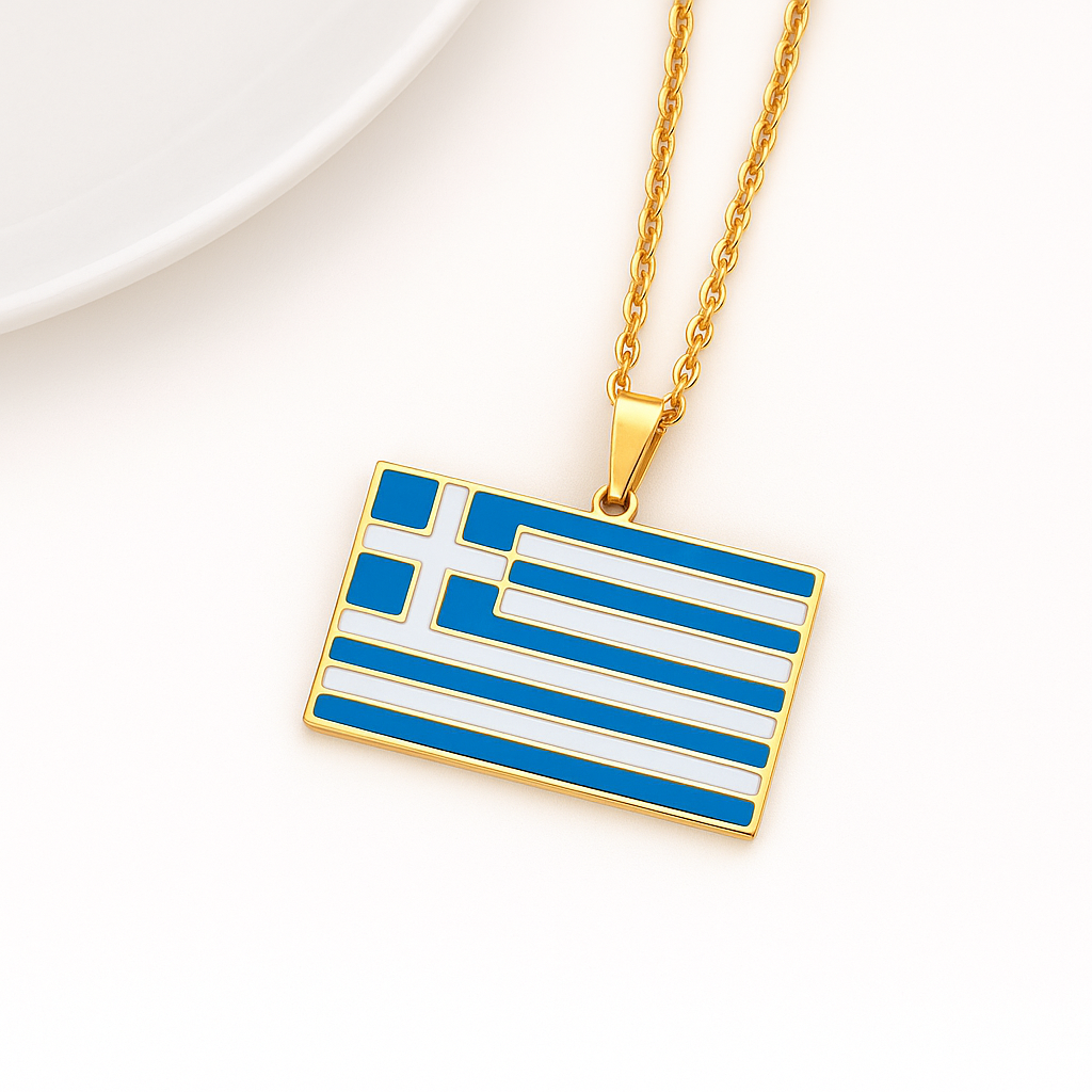 Goldene Griechenland Flaggen Halskette – Edelstahl Schmuck mit Landesflagge
