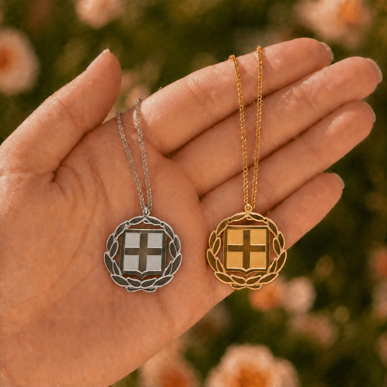 Griechisches Wappen Halskette in Silber und Gold – Anhänger mit Kreuz und Lorbeerkranz, gehalten in einer Hand
