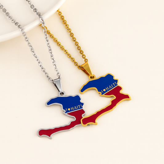 Haiti Flaggen Halskette in Gold und Silber mit I Love Haiti Schriftzug
