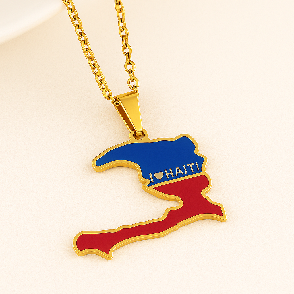 Goldene Haiti Halskette mit Landesform und Flaggenfarben