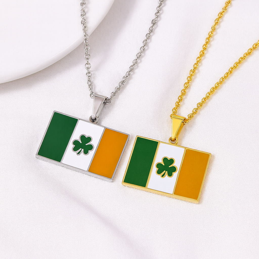 Irland Flaggen Halskette mit Kleeblatt in Gold und Silber