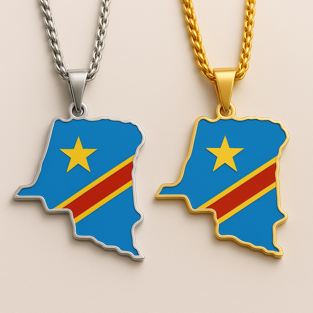 DR Kongo-Karten-Flaggenanhänger aus Edelstahl in Silber und Gold im Vergleich, emailliert, Produktfoto auf hellem Hintergrund