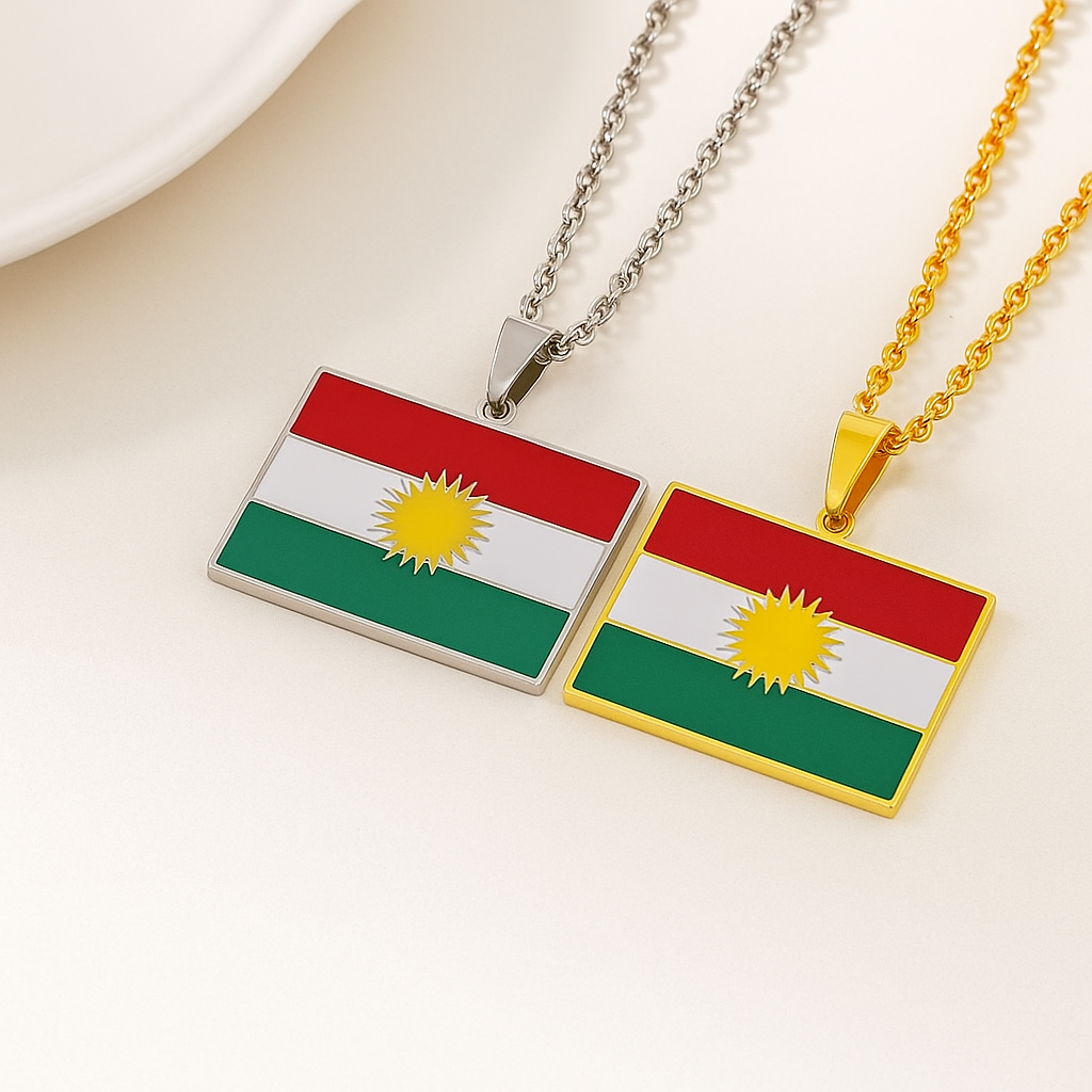 Kurdistan Flaggen Halskette in Gold und Silber mit Sonne in der Mitte