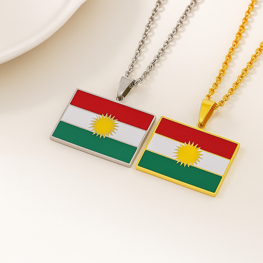 Kurdistan Flaggen Halskette in Gold und Silber mit Sonne in der Mitte