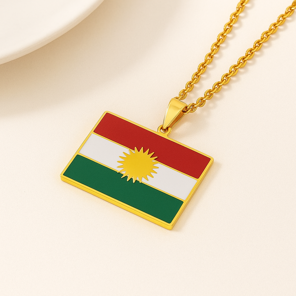 Goldene Kurdistan Halskette mit Flaggenmotiv und Sonne