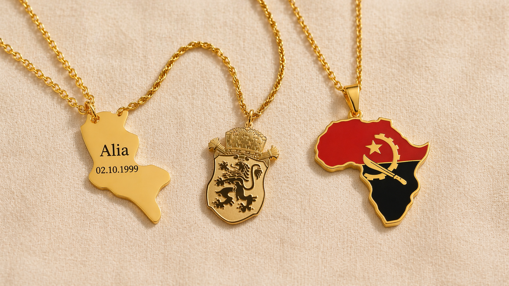 Drei personalisierte Länderketten aus Edelstahl Gold mit Gravur – NationalCharms