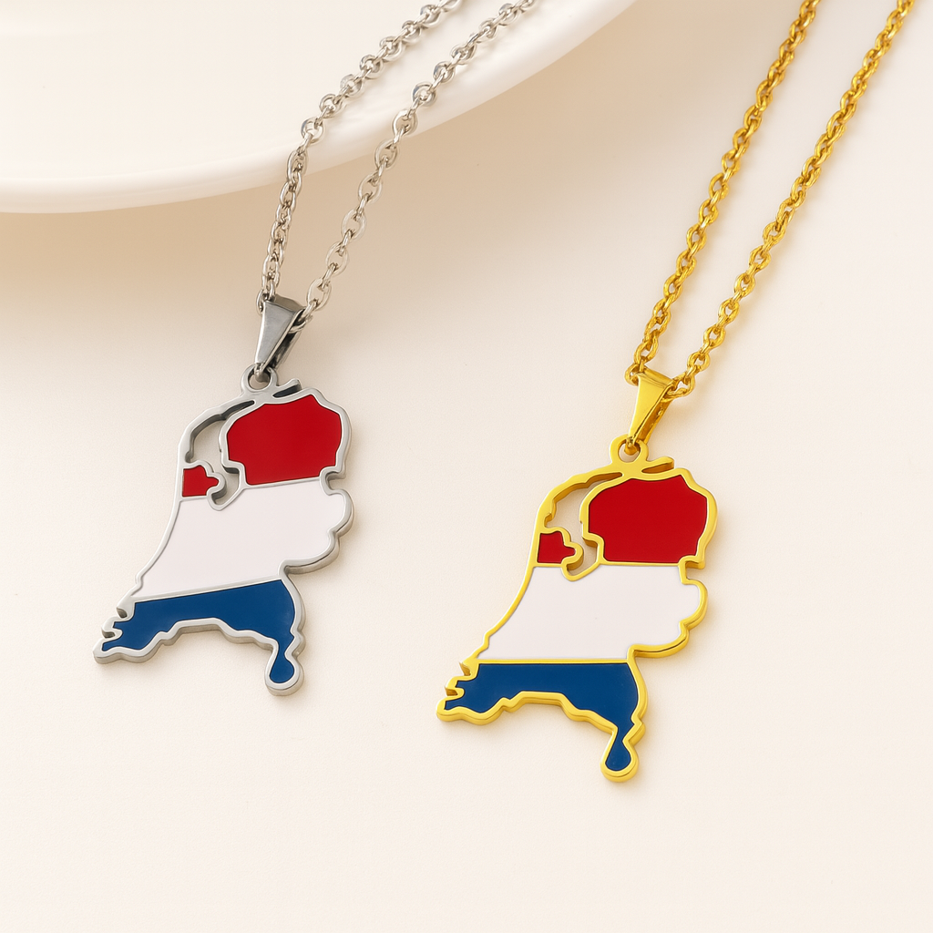 Niederlande Kette in Gold und Silber mit Landkarten Anhänger in den Farben der niederländischen Flagge