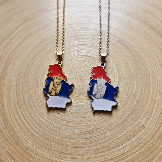 Serbien Halskette – Landesumriss mit Flagge und Wappen in Gold und Silber