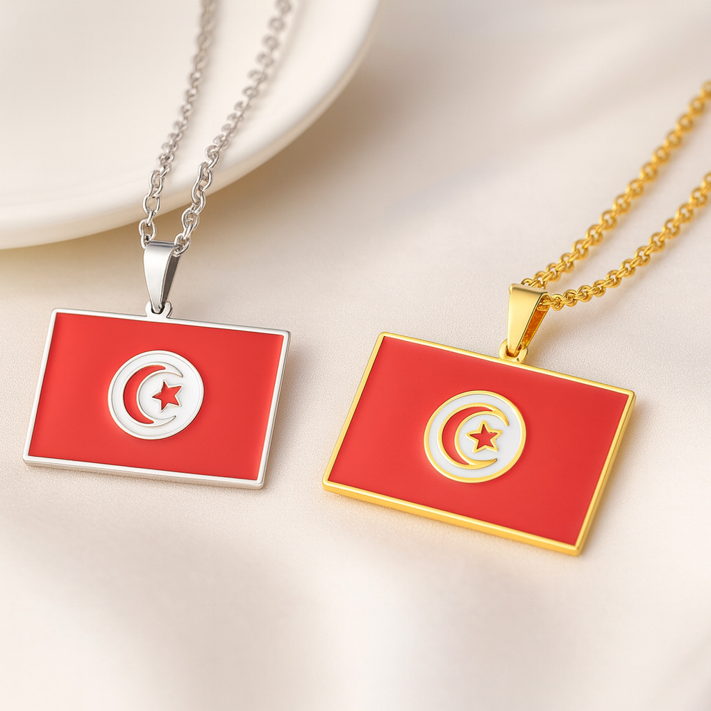 Tunesien Flaggen Halskette in Gold und Silber – Edelstahl
