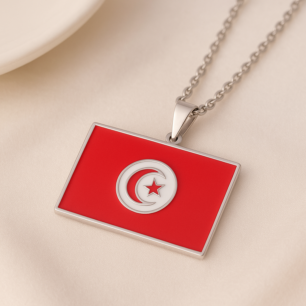 Silberne Tunis Flaggen Halskette – Rote Flagge mit Mond und Stern