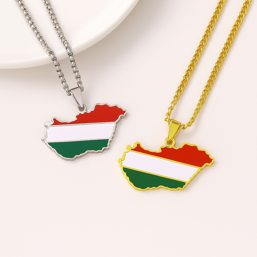 Ungarn Halskette – Landesumriss mit Flagge in Gold und Silber