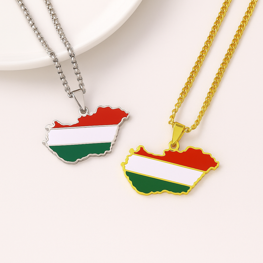 Ungarn Halskette – Landesumriss mit Flagge in Gold und Silber