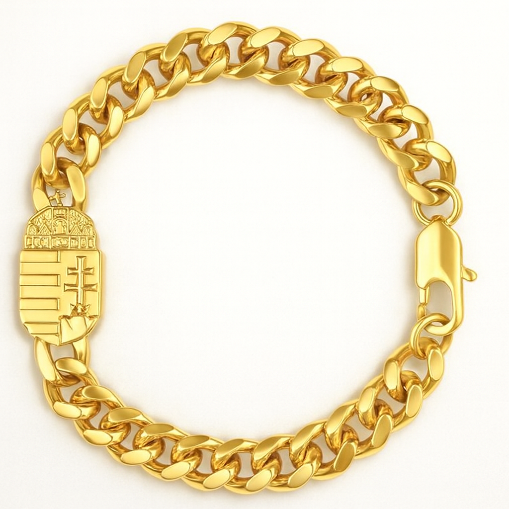 Goldenes Panzerarmband mit ungarischem Wappen-Element und Karabinerverschluss, Produktfoto auf weißem Hintergrund